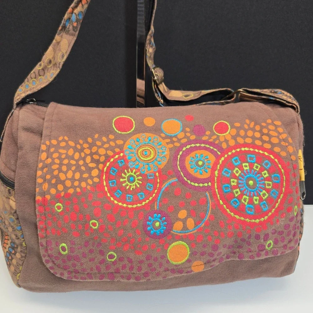 Himalaya Handmade Messenger Bag Brown Embroidered Cotton Boho Festival Nepal